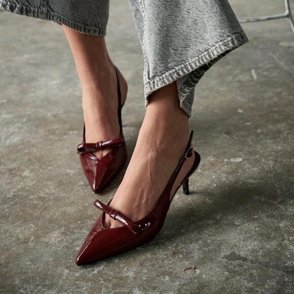 Caradise Women Burgundy Bow Pointed Toe Kitten Pumps Sexy Backless Stiletto Heel - Picture 3 of 8
